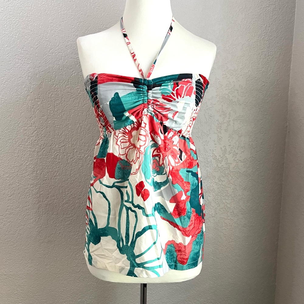 Roxy Red White Turquoise Floral Casual Summer Tropical Tube Halter tank Tops M